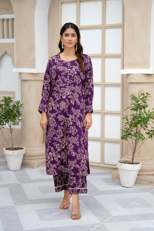 Flower Printed Suit Pcs Stitched Suit Stone Winter Linen Suit Winter Collection (purple)